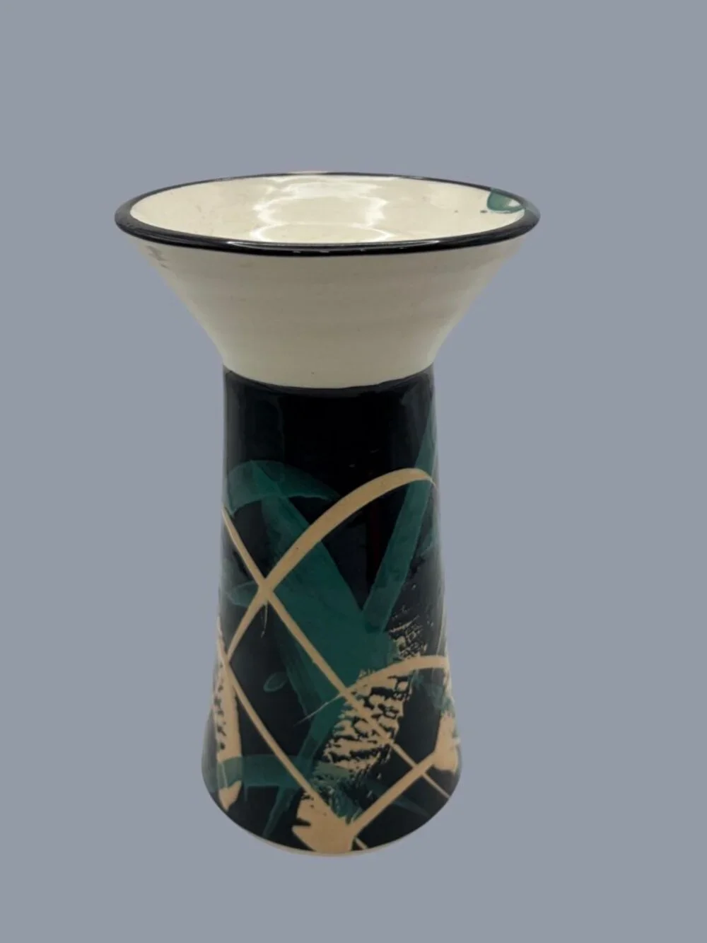Signed Studio Art Pottery Vase Abstract Teal Black Cream Hand Thrown Ceramic 8